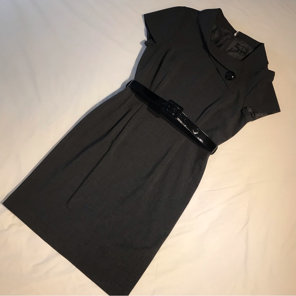 Tahari grey cowl sheath dress with belt